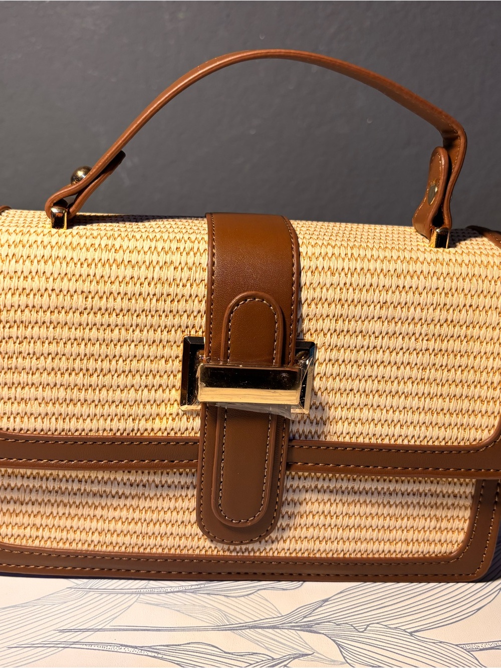 Woven Straw Top-Handle Bag with Brown Leather Trim - Picture 1 of 9